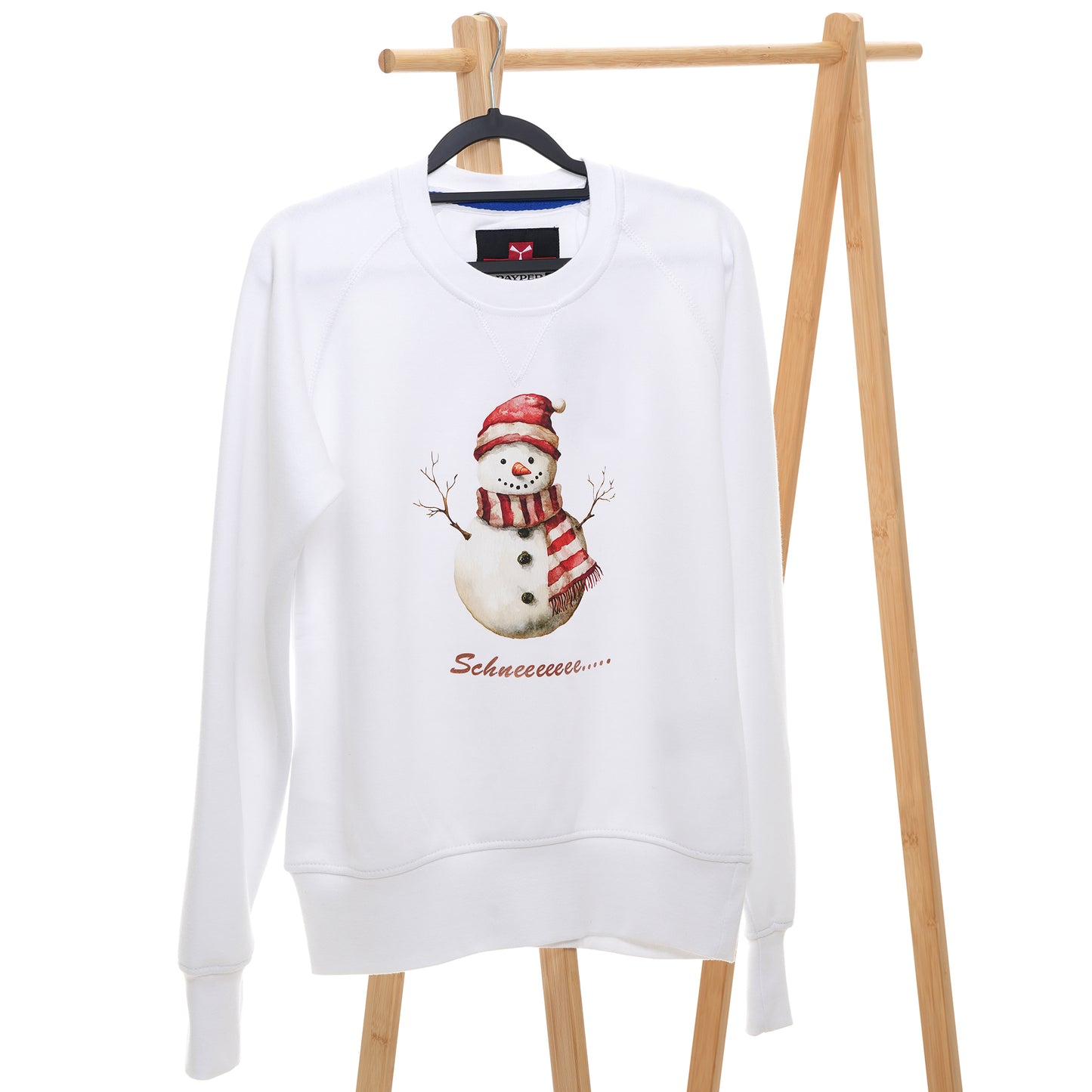 Weihnachtspulli mit Schneemann + Text Fröhliche Weihnacht überall Backprint