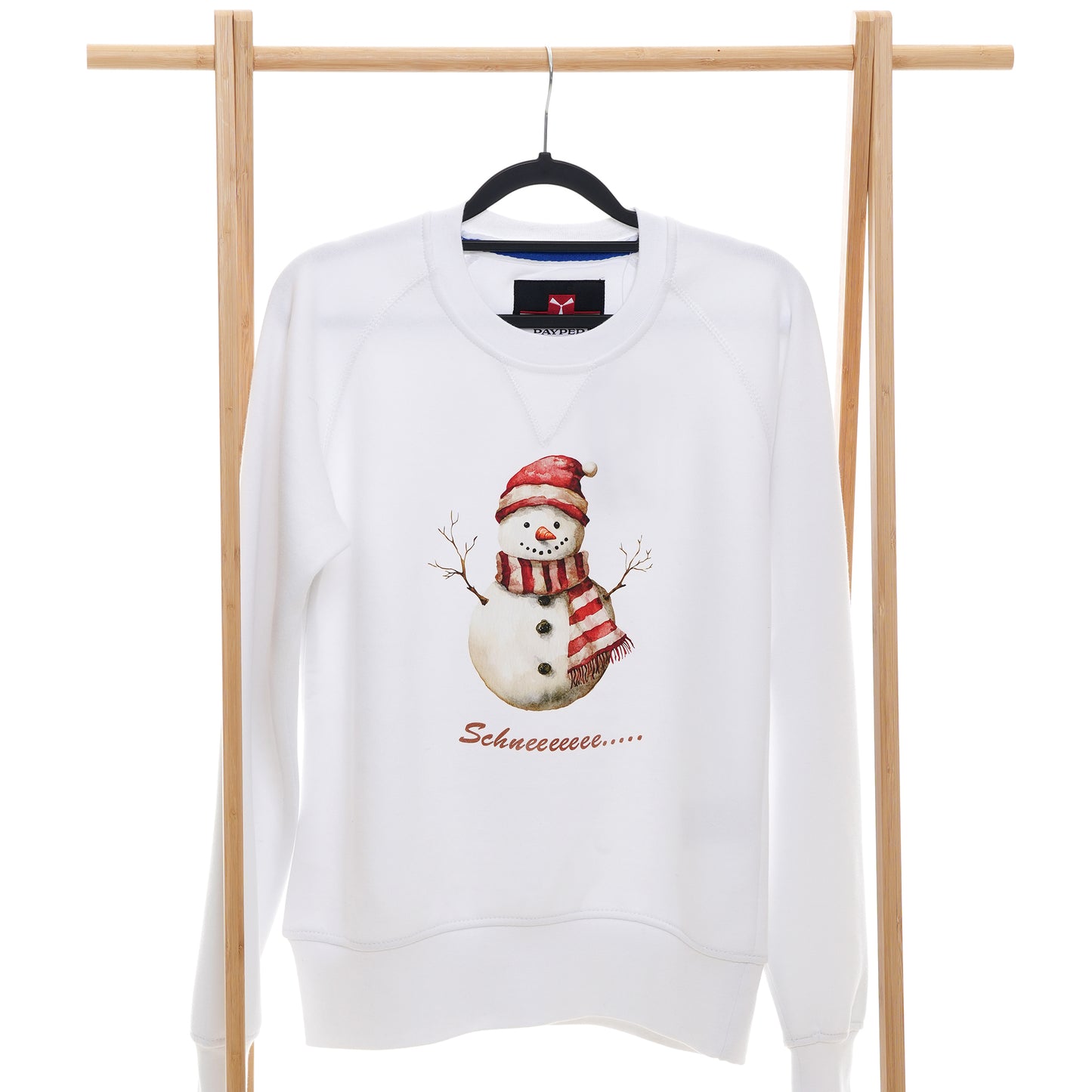 Weihnachtspulli mit Schneemann + Text Fröhliche Weihnacht überall Backprint