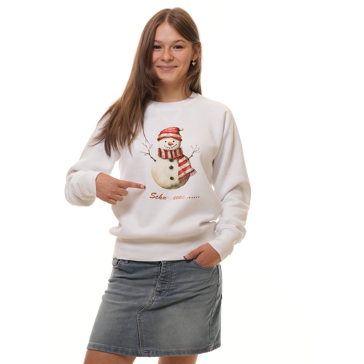 Weihnachtspulli mit Schneemann + Text Fröhliche Weihnacht überall Backprint